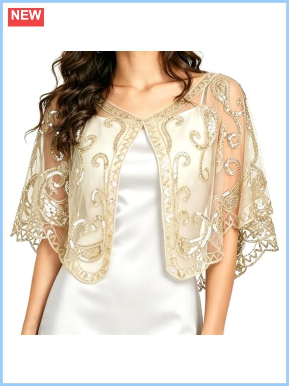1920s Shawl Wrap Sequin Beaded Evening Cape Flapper Mesh Cover Up